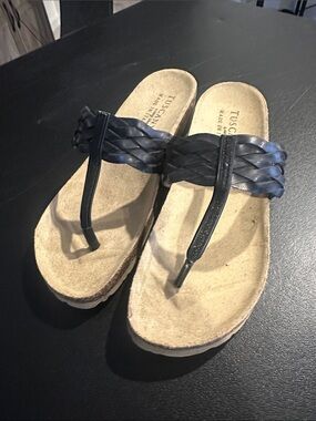 Black Braided Leather Thong Sandals for Women